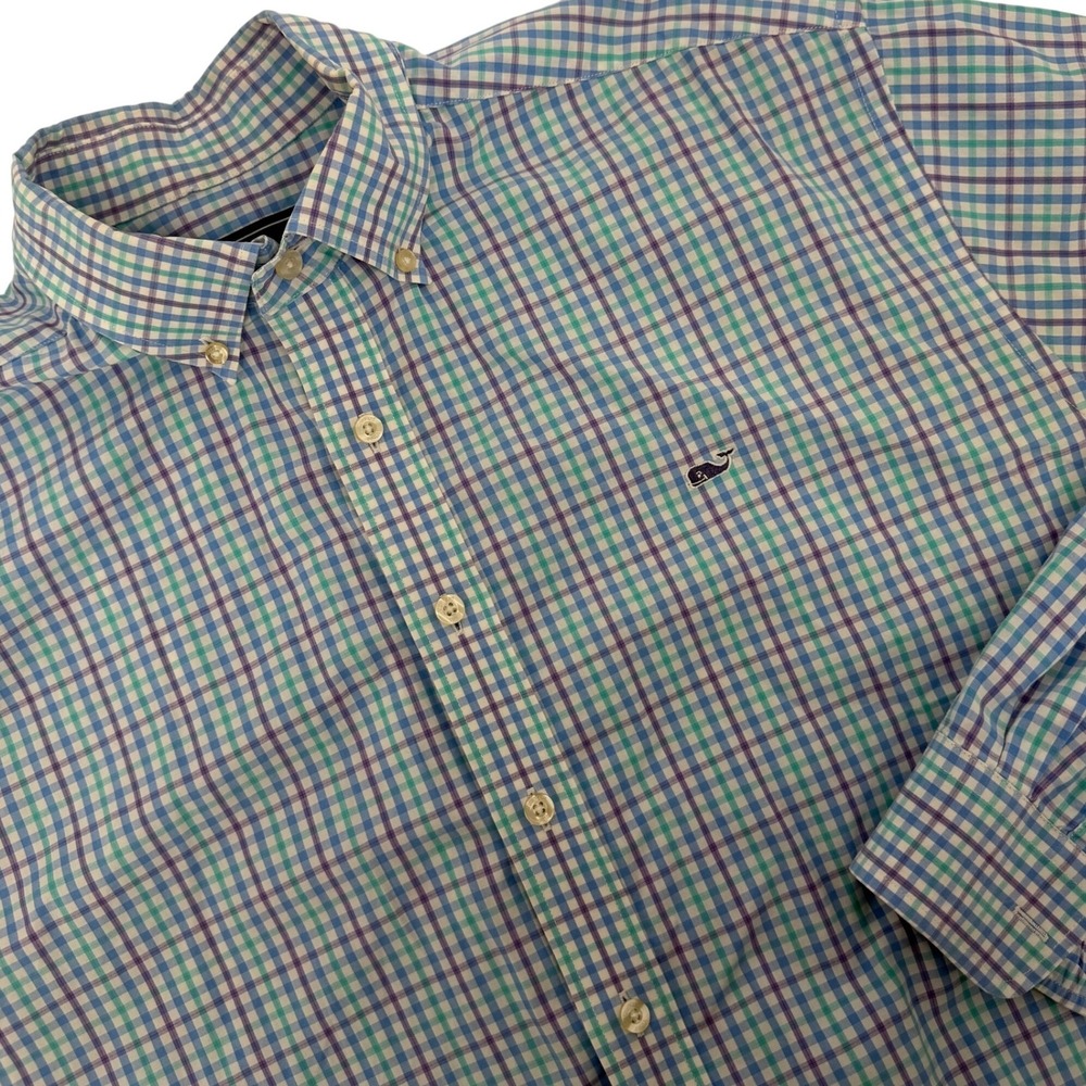 Vineyard Vines Whale Shirt Mens XL Blue Green Plaid Cotton Button Down LS